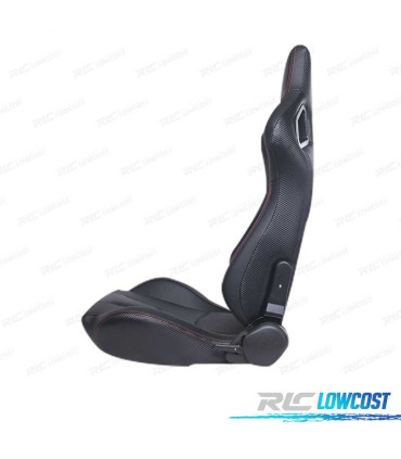 KIT ASIENTO DEPORTIVO SEMI BAQUET ESTILO RS CUERO NEGRO COSTURA ROJA