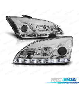 FAROS FORD FOCUS 04-08 LUZ DIURNA LED FONDO CROMO