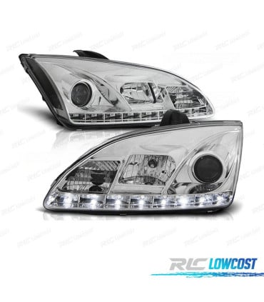 FAROS FORD FOCUS 04-08 LUZ DIURNA LED FONDO CROMO