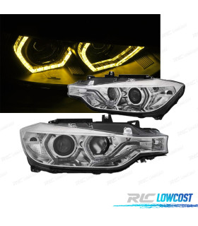 FAROS BMW F30 F31 11-15 ANGEL EYES LUZ DIURNA LED AMARILLA FONDO CROMO