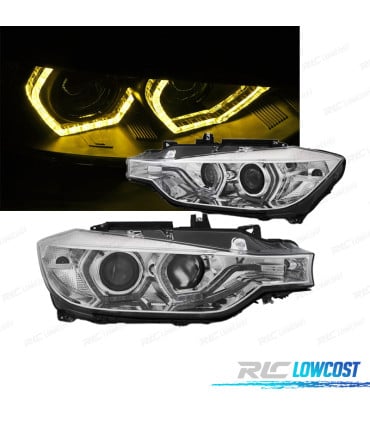 FAROS BMW F30 F31 11-15 ANGEL EYES LUZ DIURNA LED AMARILLA FONDO CROMO