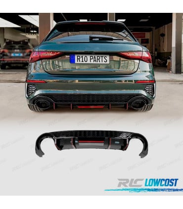 DIFUSOR AUDI A3 21- LOOK RS3 CON LUZ DE FRENO NEGRO BRILLO + LINEA ESCAPE HATCHBACK