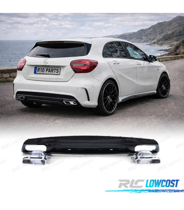 DIFUSOR MERCEDES CLASE A W176 12-18 LOOK AMG A45 NEGRO BRILLO + COLAS ESCAPE CROMADO