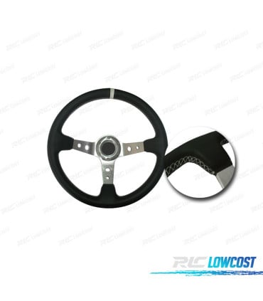VOLANTE INVERTIDO PIEL SINTETICA NEGRO BRAZOS PLATEADOS Y RIBETE BLANCO WRC3