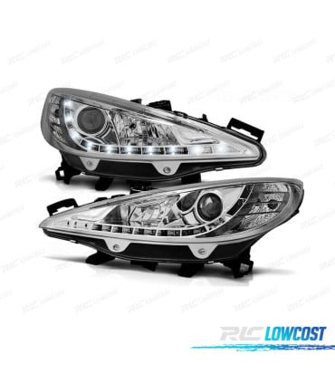 FAROS PEUGEOT 207 06-12 LUZ LED DIURNA FONDO CROMO