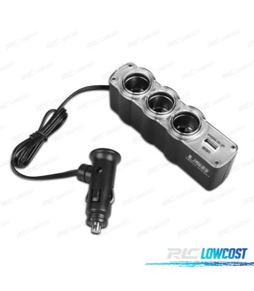 ADAPTADOR MECHERO COCHE 12V 3 ENTRADAS + USB