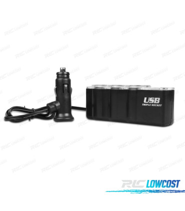 ADAPTADOR MECHERO COCHE 12V 3 ENTRADAS + USB