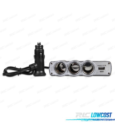ADAPTADOR MECHERO COCHE 12V 3 ENTRADAS + USB