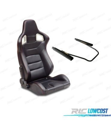 ASIENTO DEPORTIVO SEMI BAQUET ESTILO RS CUERO NEGRO COSTURA ROJA Y CORREDERAS