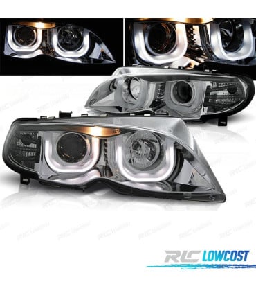 FAROS BMW E46 4 PUERTAS 01-05 OJOS ANGEL EN U FONDO CROMO