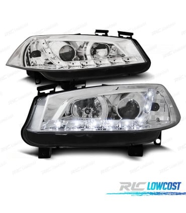 FAROS RENAULT MEGANE 02-05 LUZ DIURNA LED FONDO CROMO