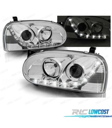 FAROS VOLKSWAGEN VW GOLF MK3 91-97 LUZ DIURNA LED FONDO CROMO