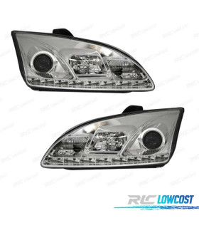 FAROS FORD FOCUS 04-08 LUZ DIURNA REAL FONDO CROMO