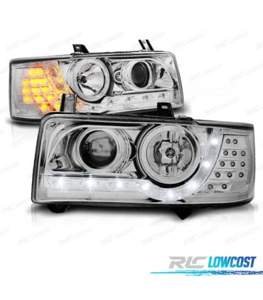 FAROS VOLKSWAGEN VW T4 TRANSPORTER 90-03 LUZ DIURNA + INTERMITENTE LEDFONDO CROMO