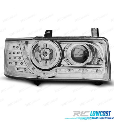 FAROS VOLKSWAGEN VW T4 TRANSPORTER 90-03 LUZ DIURNA + INTERMITENTE LEDFONDO CROMO