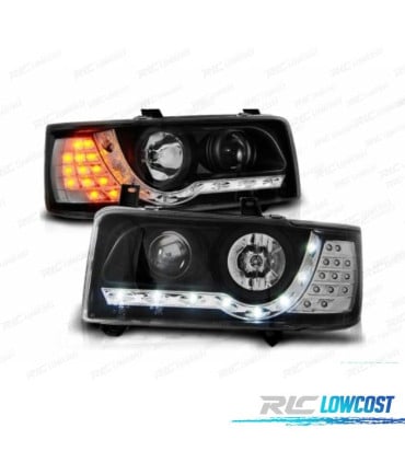 FAROS VOLKSWAGEN VW T4 TRANSPORTER 90-03 LUZ DIURNA + INTERMITENTE LED FONDO NEGRO