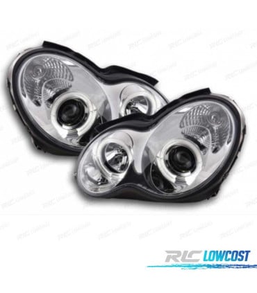 FAROS MERCEDES CLASE C W203 00-07 OJOS ANGEL CCFL FONDO CROMO