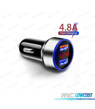 CARGADOR MECHERO USB DOBLE LCD 4.8 A CARGA RAPIDA