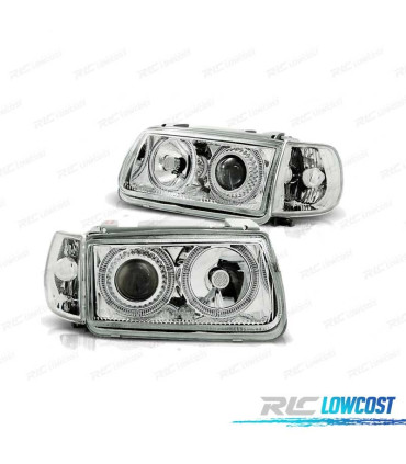 FAROS PARA VOLKSWAGEN VW POLO 6N 94-99 OJOS ANGEL FONDO CROMO ELEC.