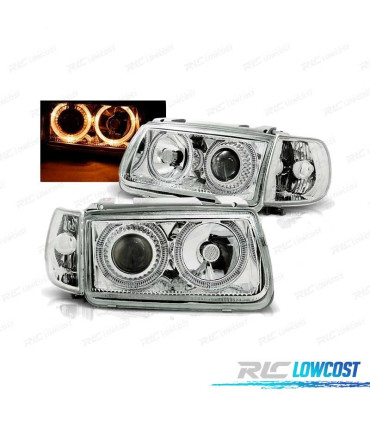 FAROS PARA VOLKSWAGEN VW POLO 6N 94-99 OJOS ANGEL FONDO CROMO ELEC.