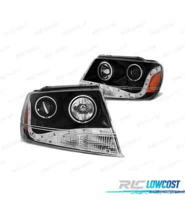 FAROS OJOS ANGEL PARA JEEP GRAND CHEROKEE 99-05 FAROS LUZ DIURNA FONDO NEGRO