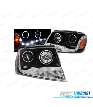 FAROS OJOS ANGEL PARA JEEP GRAND CHEROKEE 99-05 FAROS LUZ DIURNA FONDO NEGRO